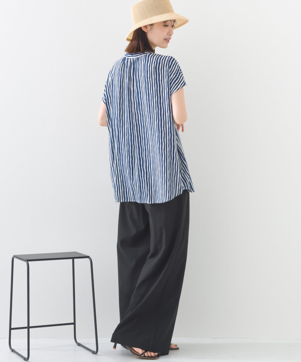 【OMNES】レーヨンフレンチスリーブバンドカラーシャツ【1524-4196】