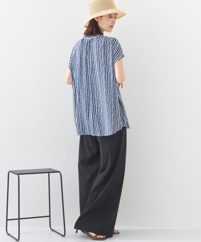 【OMNES】レーヨンフレンチスリーブバンドカラーシャツ【1524-4196】