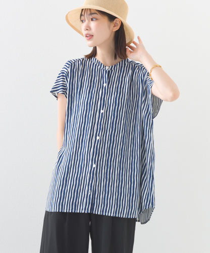 【OMNES】レーヨンフレンチスリーブバンドカラーシャツ【1524-4196】