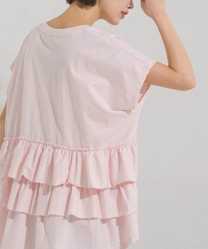【OMNES】バイオポリウォッシュバックフリルプルオーバーTシャツ【1524-5518】