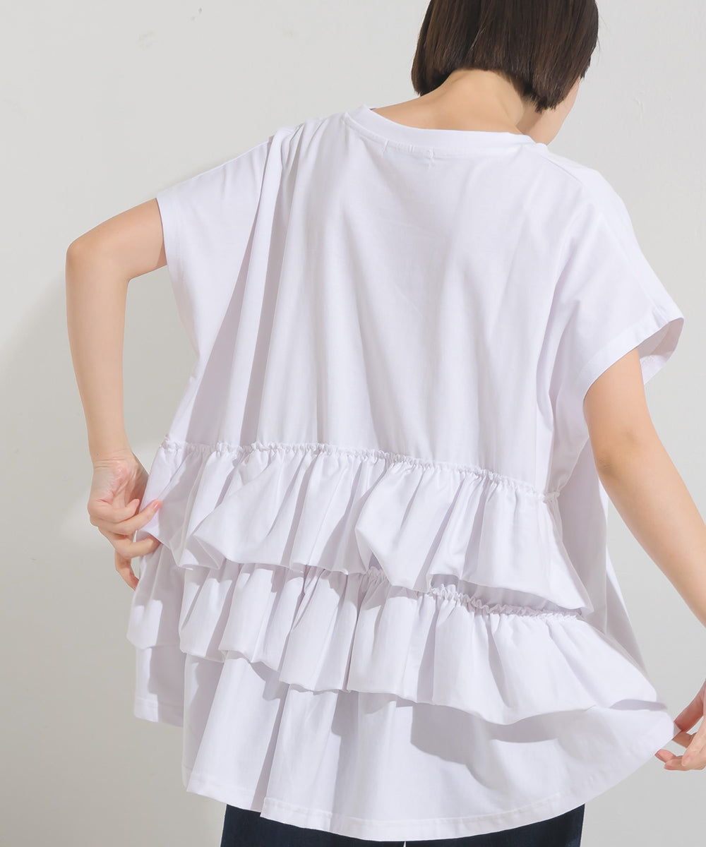 【OMNES】バイオポリウォッシュバックフリルプルオーバーTシャツ【1524-5518】