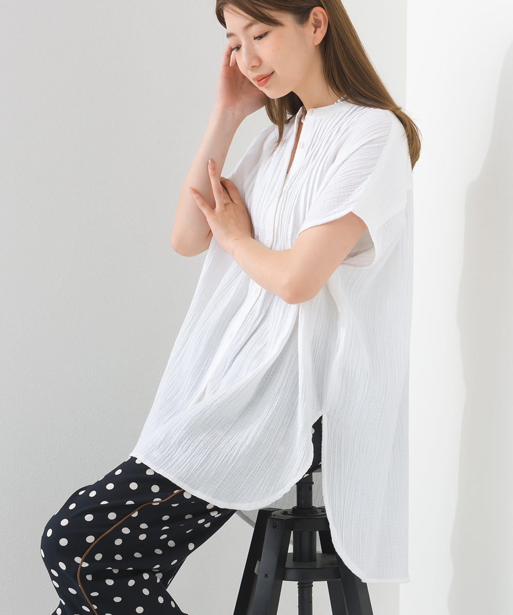 【OMNES】ダブルガーゼピンタックフレンチスリーブシャツ【1525-4236】