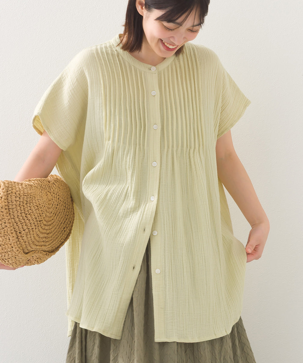 【OMNES】ダブルガーゼピンタックフレンチスリーブシャツ【1525-4236】