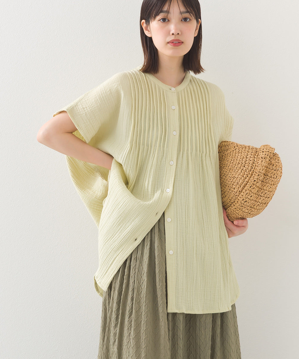 【OMNES】ダブルガーゼピンタックフレンチスリーブシャツ【1525-4236】