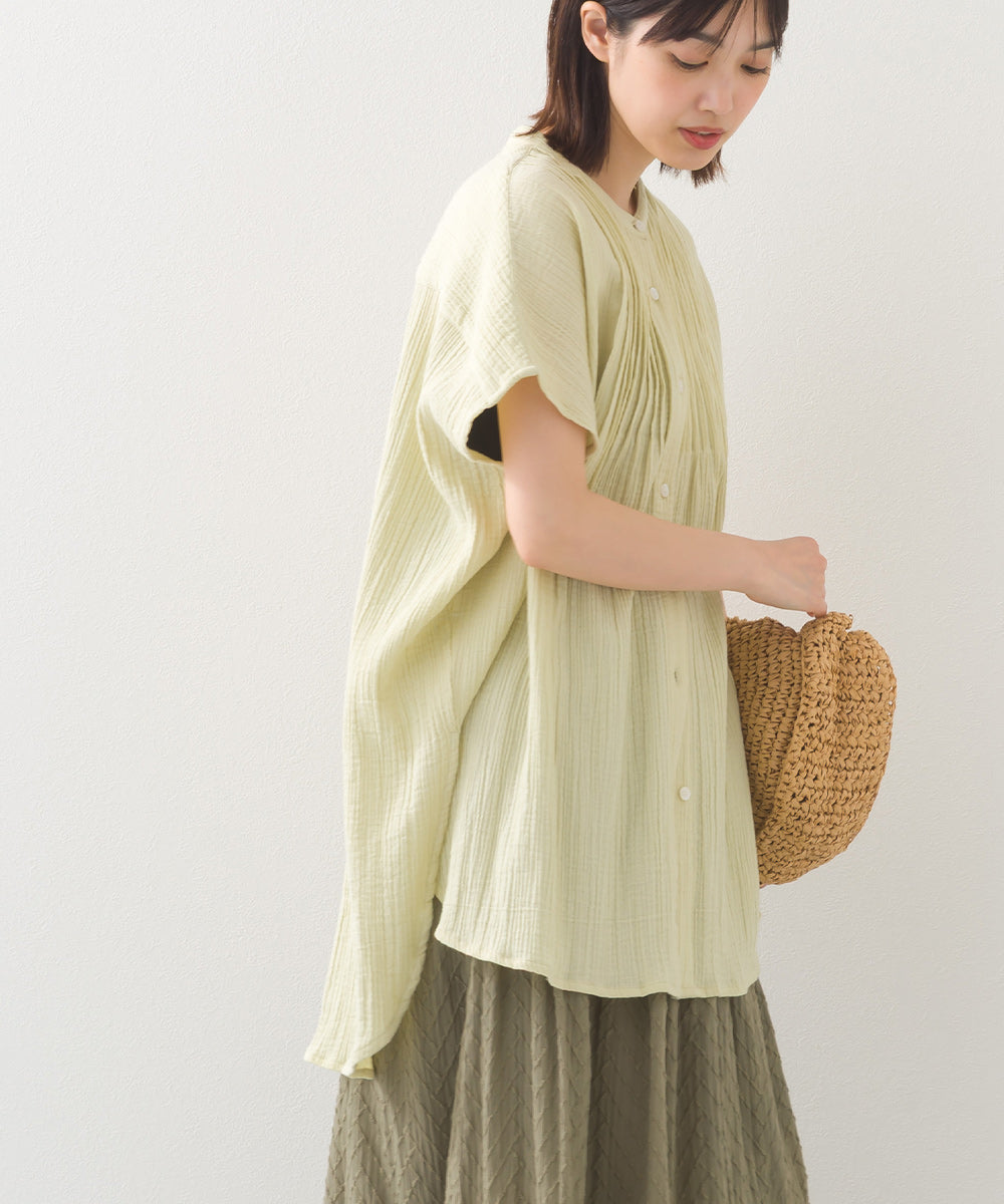 【OMNES】ダブルガーゼピンタックフレンチスリーブシャツ【1525-4236】