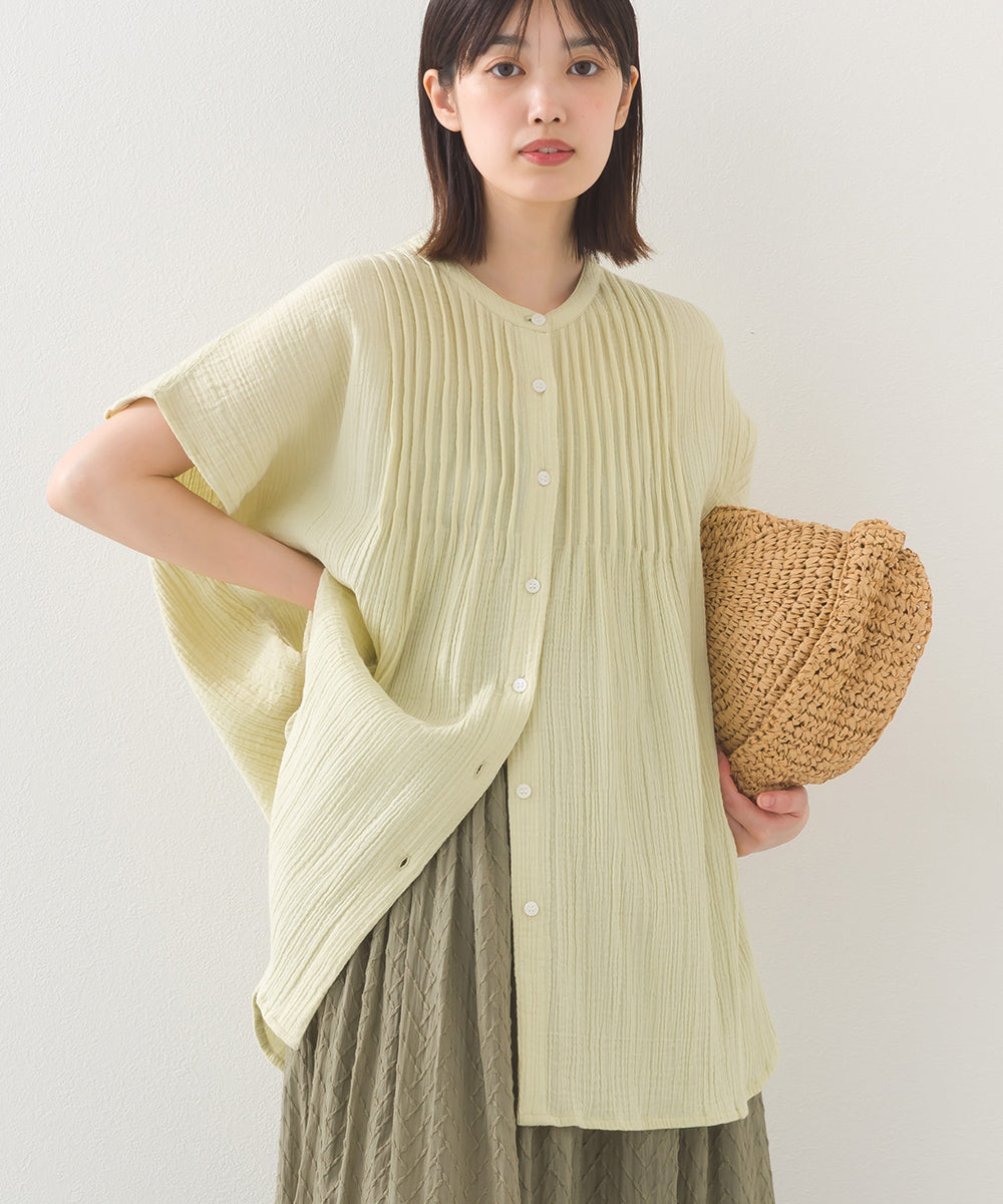 【OMNES】ダブルガーゼピンタックフレンチスリーブシャツ【1525-4236】