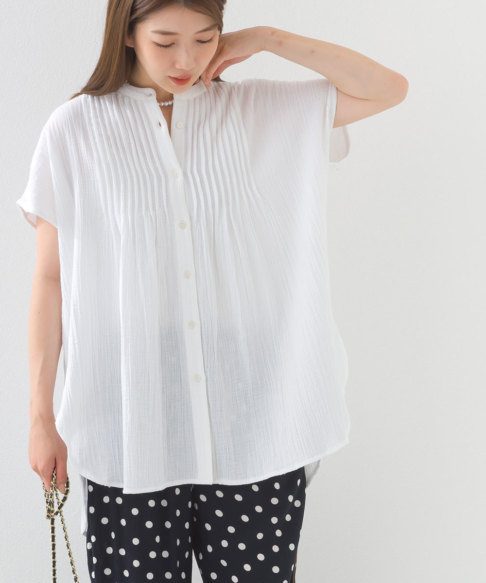 【OMNES】ダブルガーゼピンタックフレンチスリーブシャツ【1525-4236】