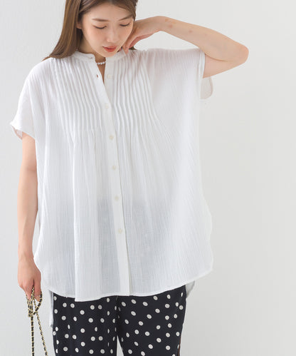 【OMNES】ダブルガーゼピンタックフレンチスリーブシャツ【1525-4236】