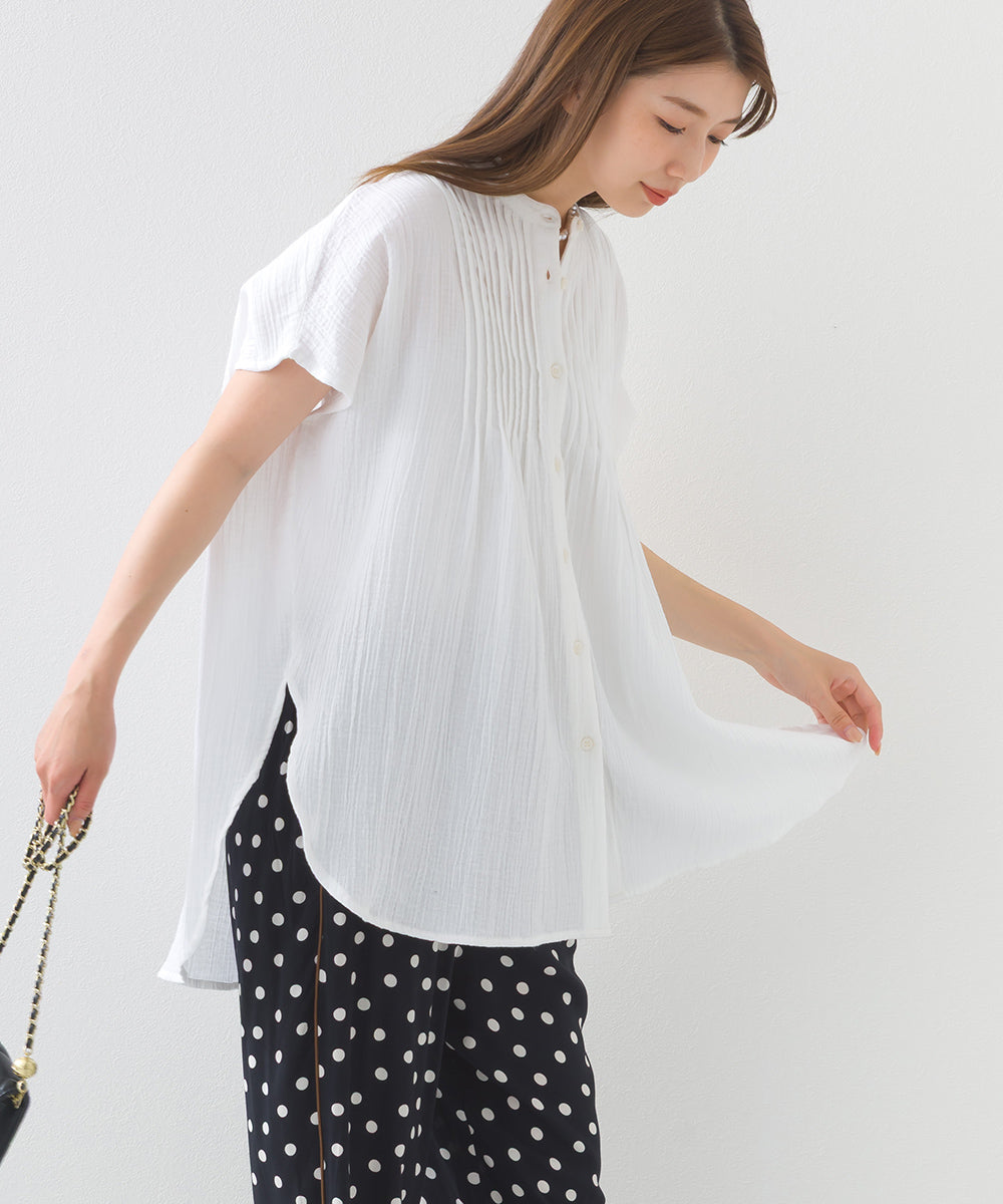 【OMNES】ダブルガーゼピンタックフレンチスリーブシャツ【1525-4236】