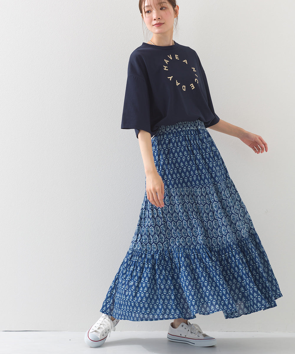 【OMNES】コットンボイル総柄切り替えティアードスカート【1525-8062】