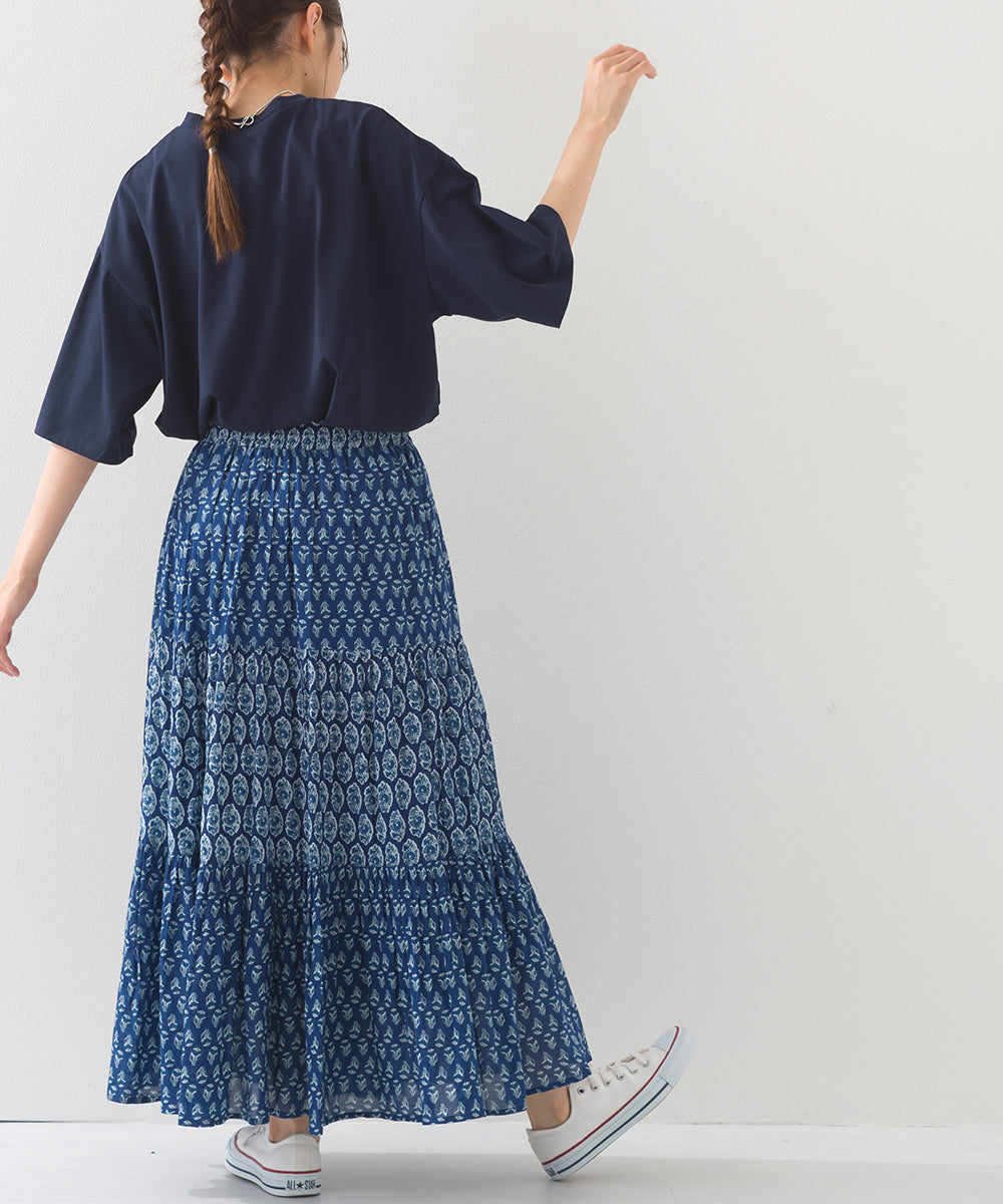 【OMNES】コットンボイル総柄切り替えティアードスカート【1525-8062】