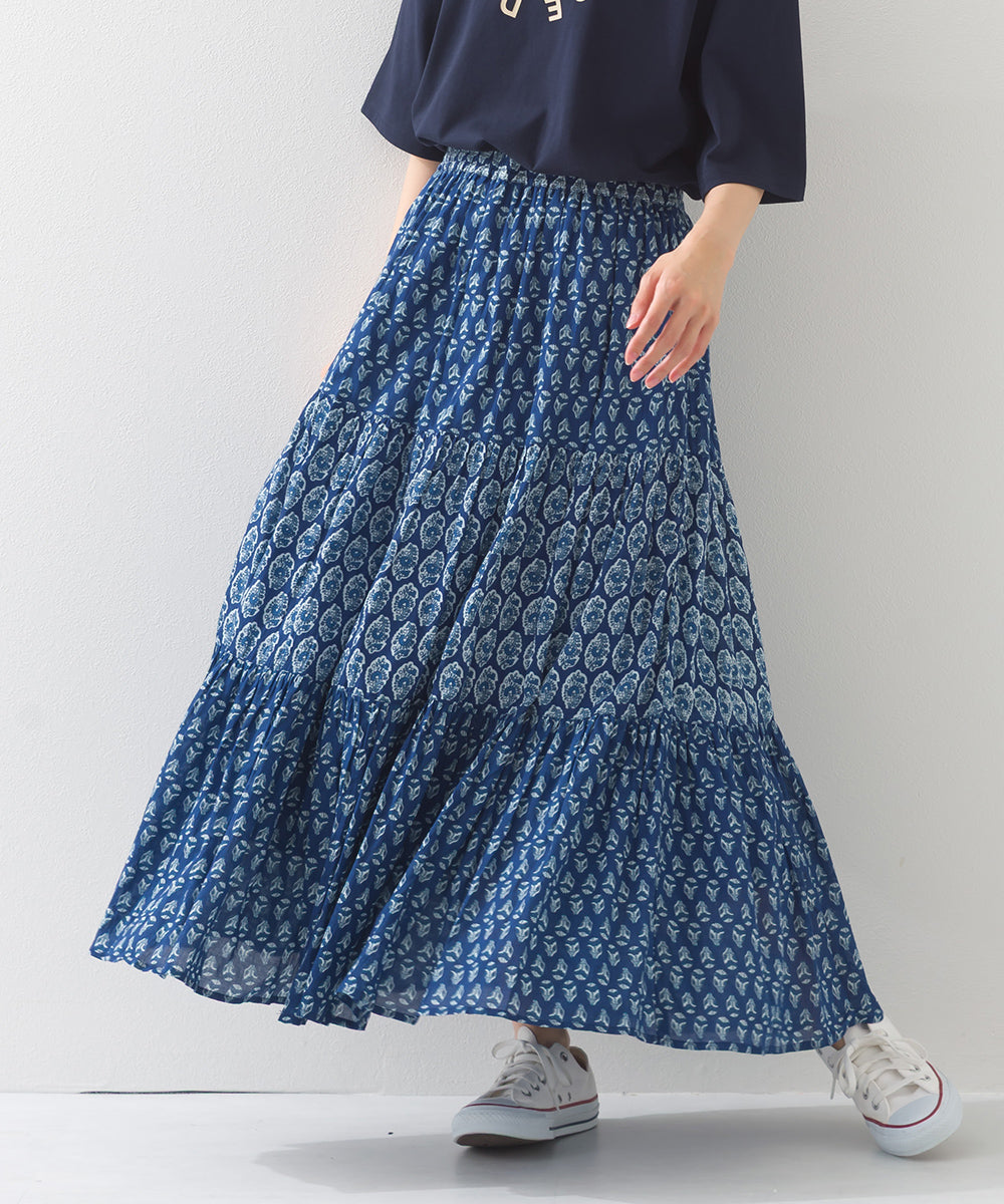 【OMNES】コットンボイル総柄切り替えティアードスカート【1525-8062】