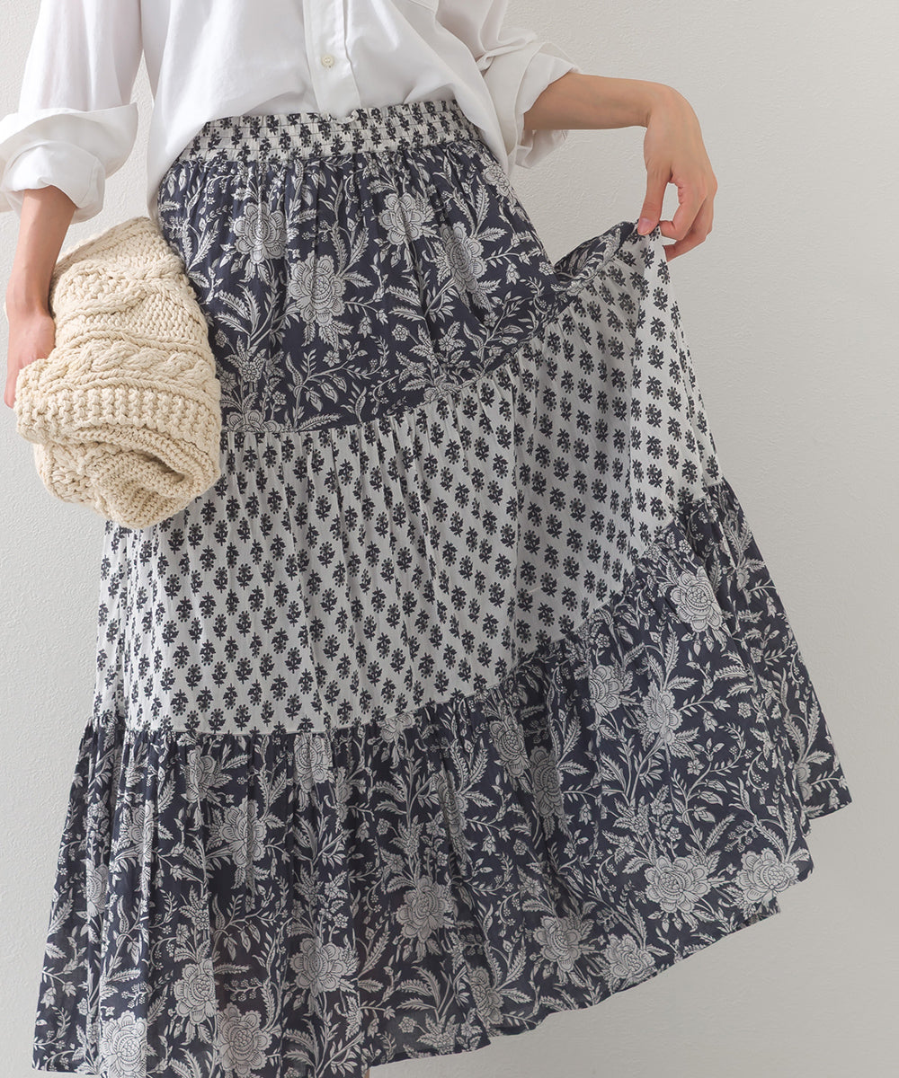 【OMNES】コットンボイル総柄切り替えティアードスカート【1525-8062】