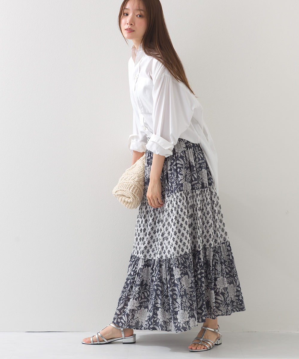 【OMNES】コットンボイル総柄切り替えティアードスカート【1525-8062】