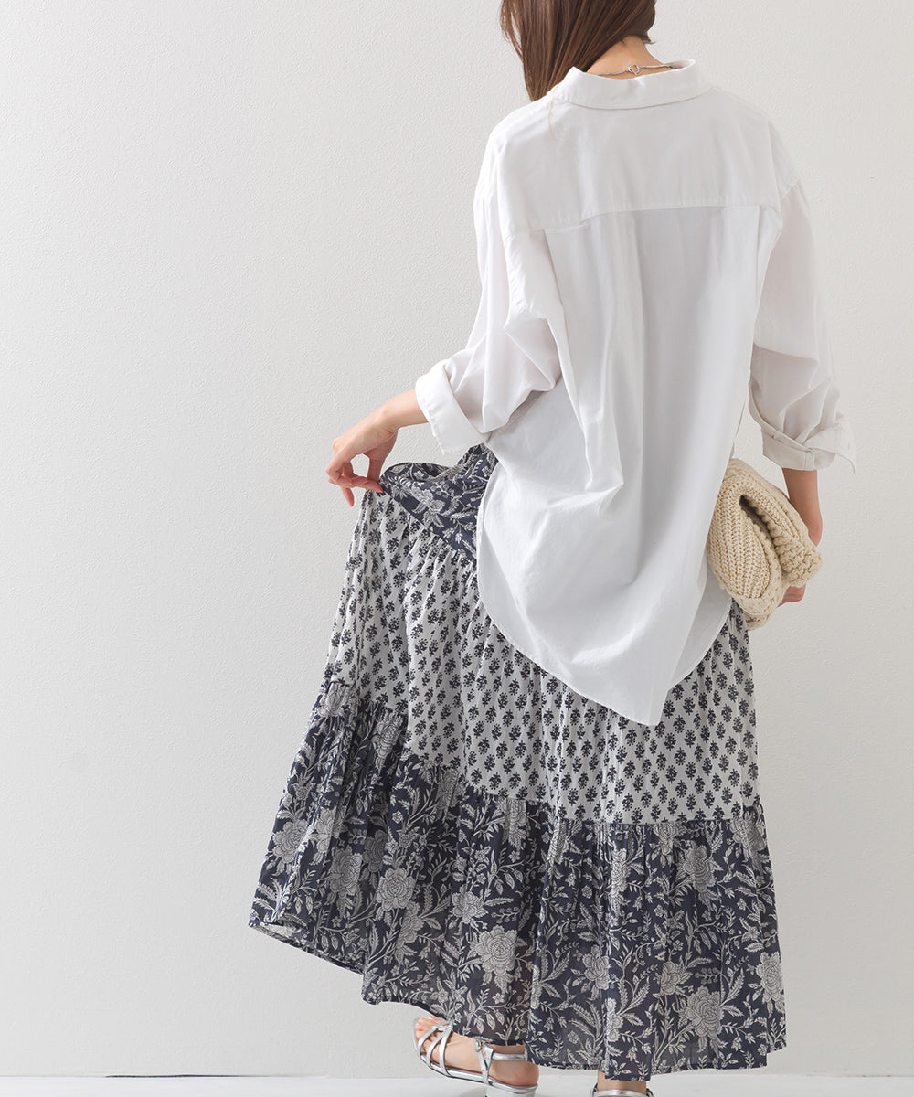 【OMNES】コットンボイル総柄切り替えティアードスカート【1525-8062】