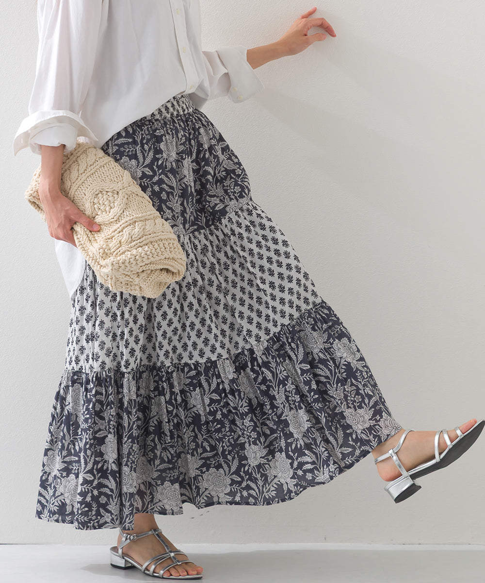 【OMNES】コットンボイル総柄切り替えティアードスカート【1525-8062】