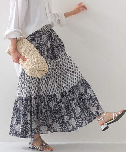 【OMNES】コットンボイル総柄切り替えティアードスカート【1525-8062】