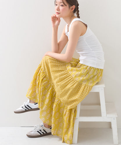 【OMNES】コットンボイル総柄切り替えティアードスカート【1525-8062】