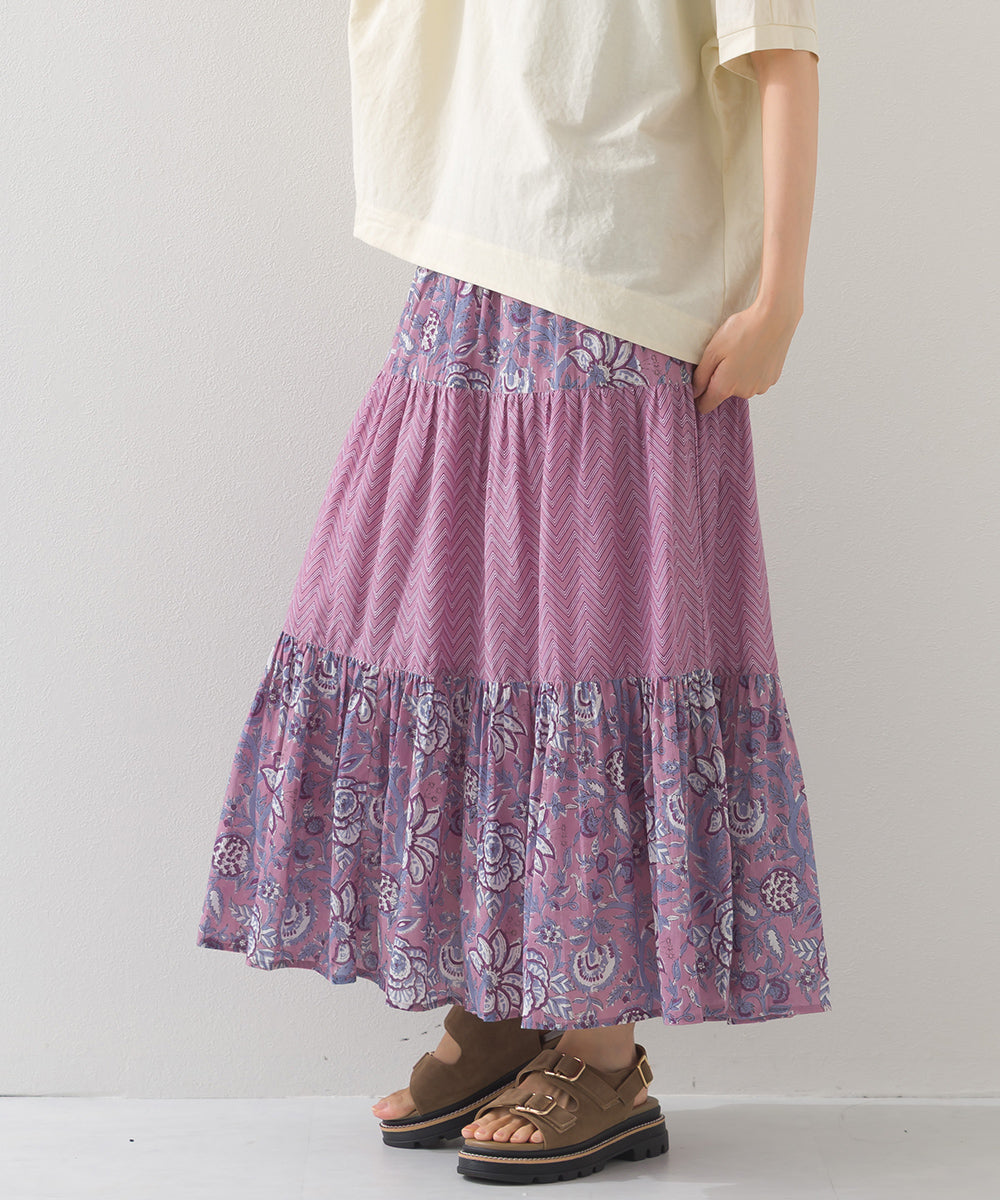 【OMNES】コットンボイル総柄切り替えティアードスカート【1525-8062】
