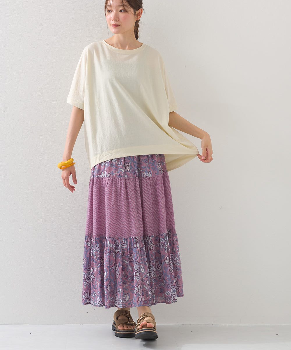 【OMNES】コットンボイル総柄切り替えティアードスカート【1525-8062】
