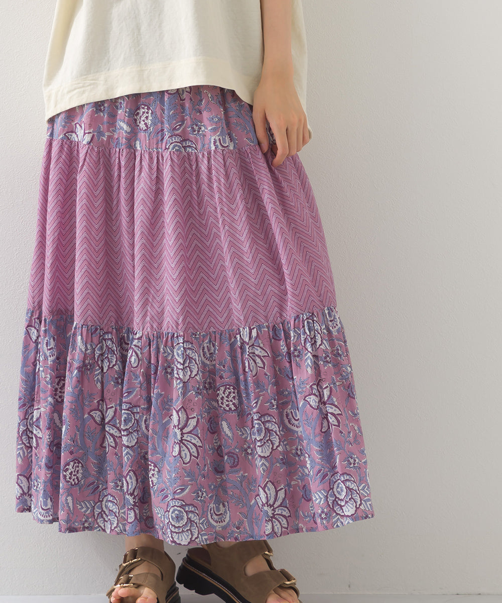 【OMNES】コットンボイル総柄切り替えティアードスカート【1525-8062】