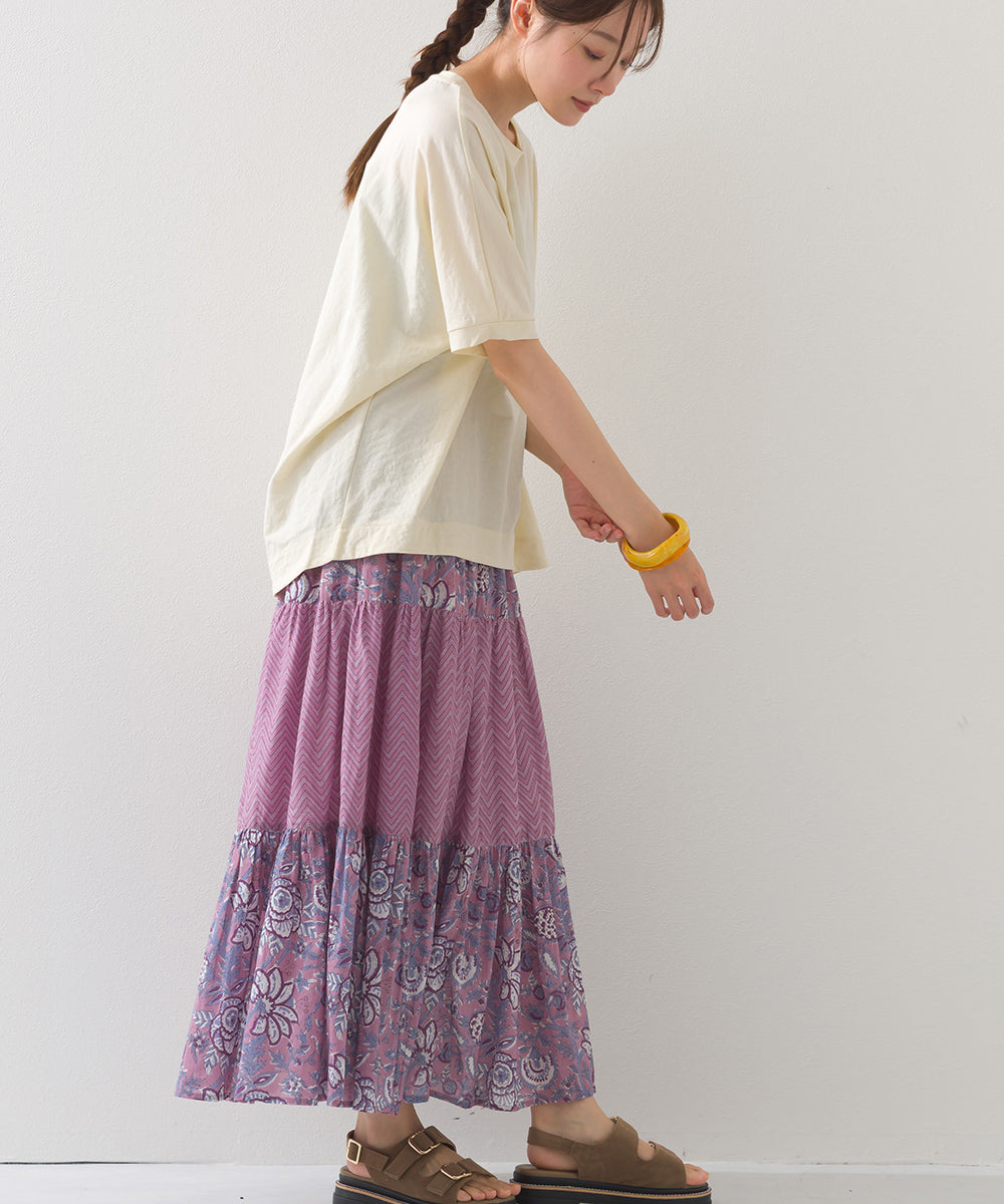 【OMNES】コットンボイル総柄切り替えティアードスカート【1525-8062】