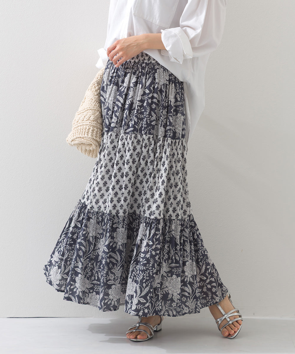 【OMNES】コットンボイル総柄切り替えティアードスカート【1525-8062】