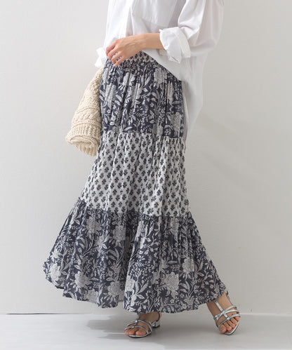 【OMNES】コットンボイル総柄切り替えティアードスカート【1525-8062】