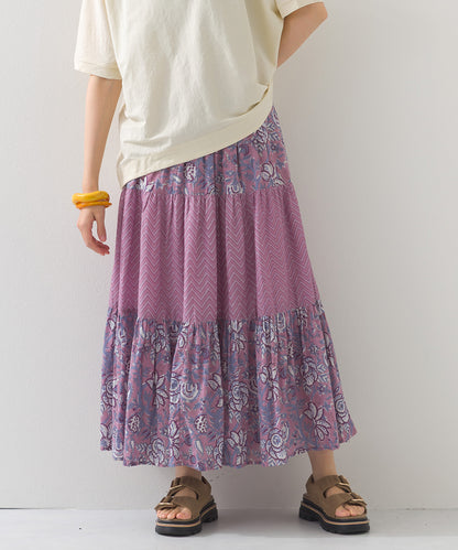 【OMNES】コットンボイル総柄切り替えティアードスカート【1525-8062】