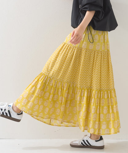 【OMNES】コットンボイル総柄切り替えティアードスカート【1525-8062】