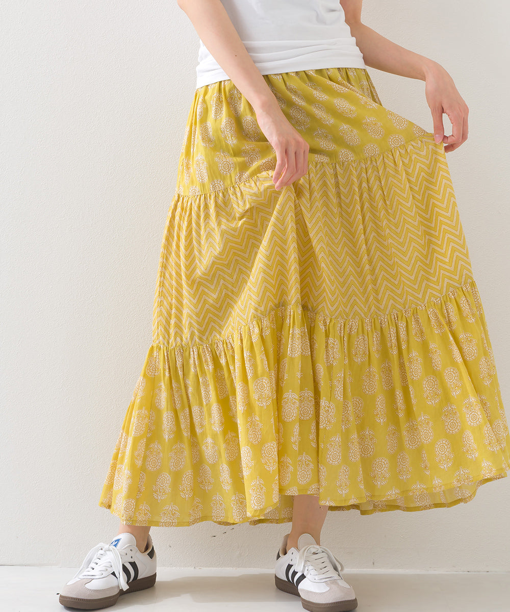 【OMNES】コットンボイル総柄切り替えティアードスカート【1525-8062】