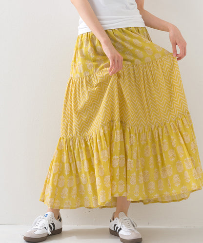 【OMNES】コットンボイル総柄切り替えティアードスカート【1525-8062】