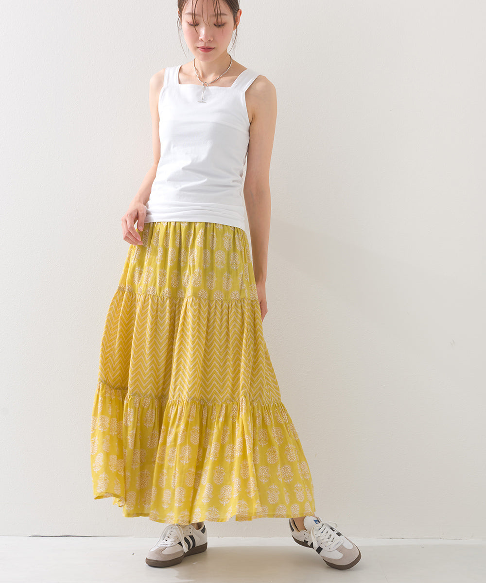 【OMNES】コットンボイル総柄切り替えティアードスカート【1525-8062】