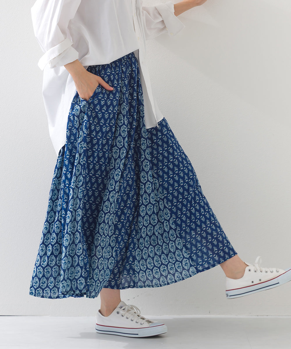 【OMNES】コットンボイル総柄切り替えギャザースカート【1525-8068】