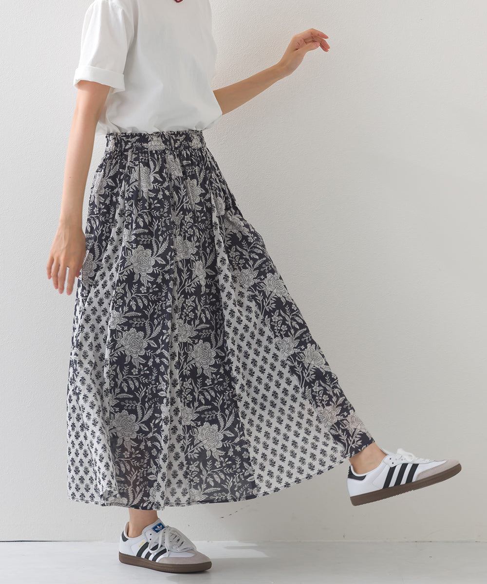 【OMNES】コットンボイル総柄切り替えギャザースカート【1525-8068】