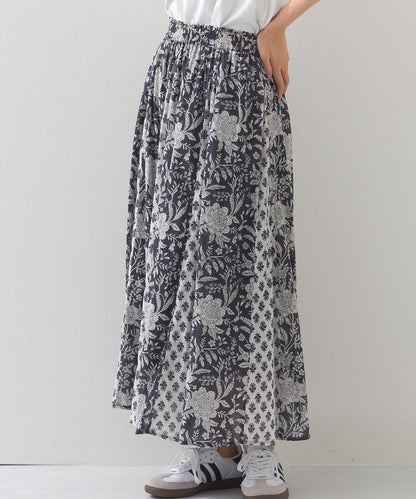 【OMNES】コットンボイル総柄切り替えギャザースカート【1525-8068】