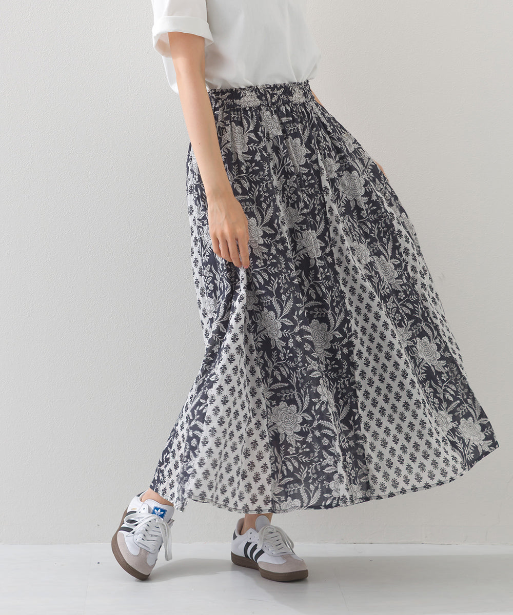 【OMNES】コットンボイル総柄切り替えギャザースカート【1525-8068】