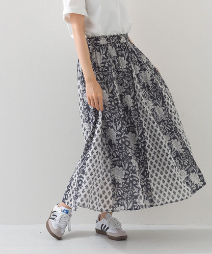 【OMNES】コットンボイル総柄切り替えギャザースカート【1525-8068】