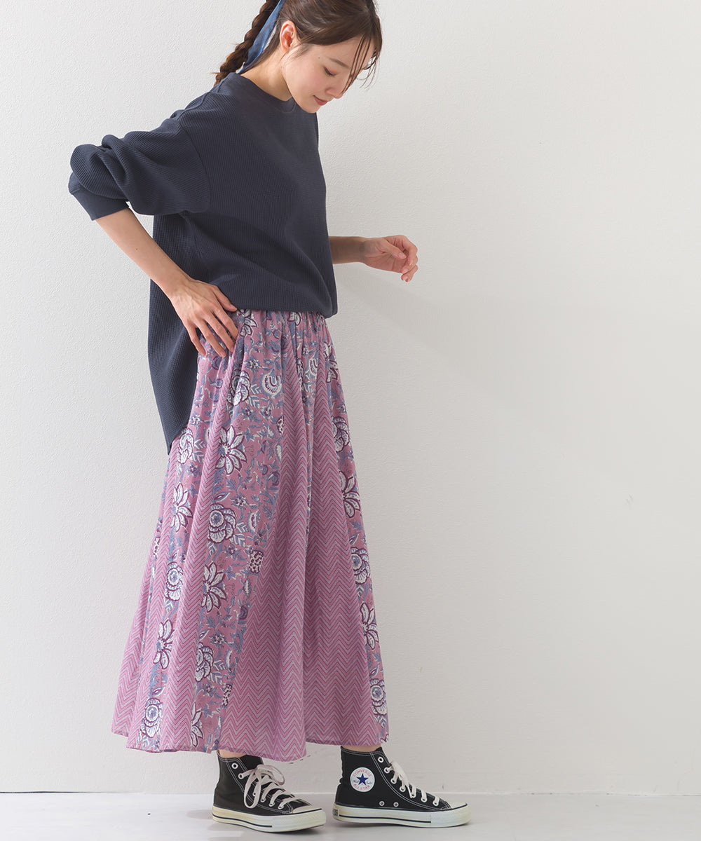 【OMNES】コットンボイル総柄切り替えギャザースカート【1525-8068】