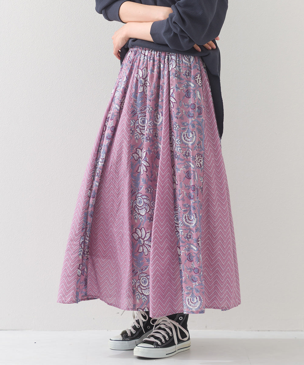 【OMNES】コットンボイル総柄切り替えギャザースカート【1525-8068】