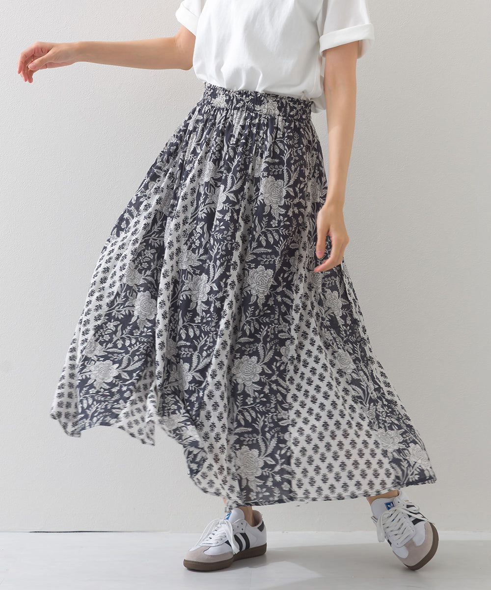 【OMNES】コットンボイル総柄切り替えギャザースカート【1525-8068】