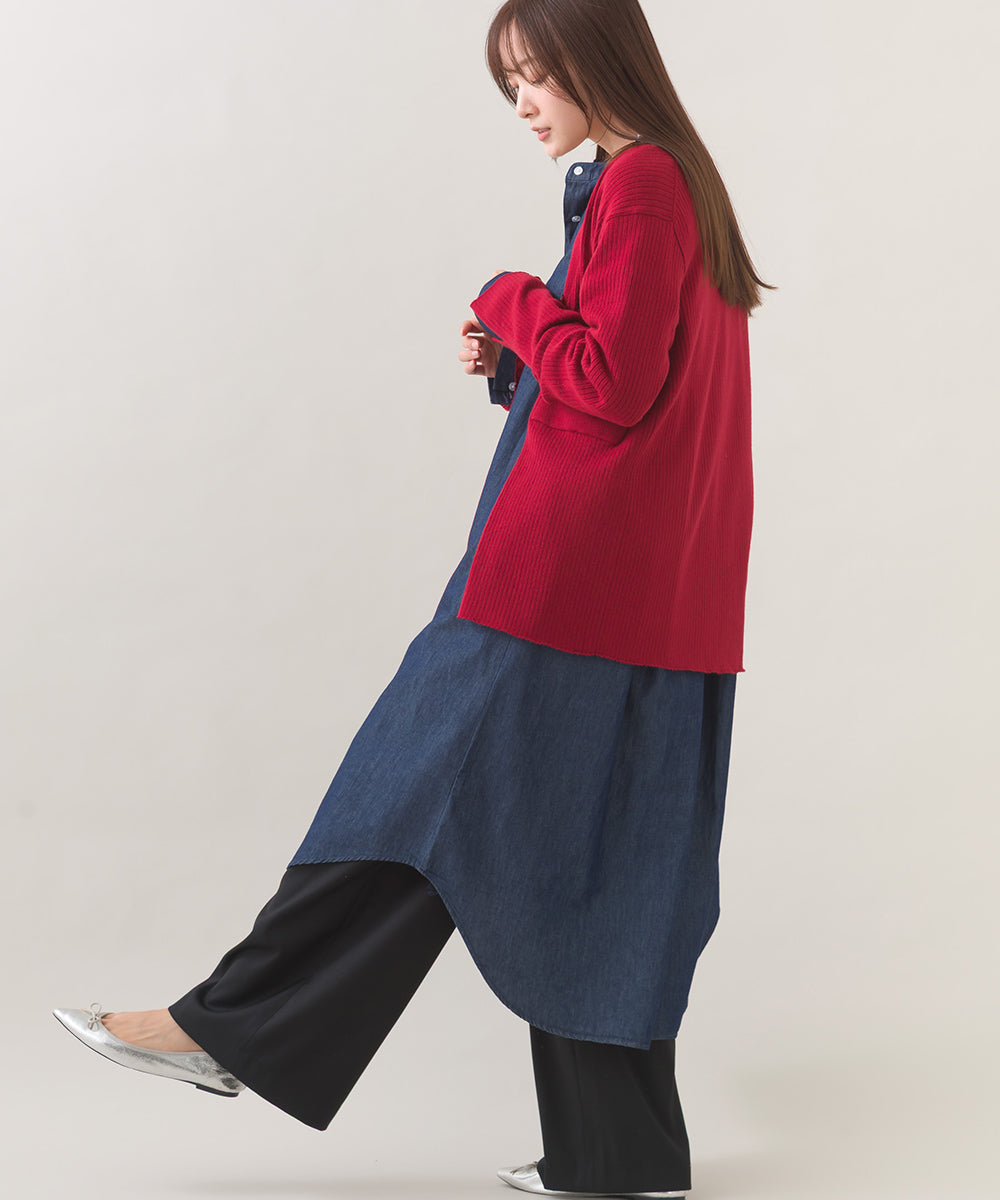 【OMNES】シャンブレーバンドカラー裾ラウンドロングシャツワンピース【253W427OMN035】