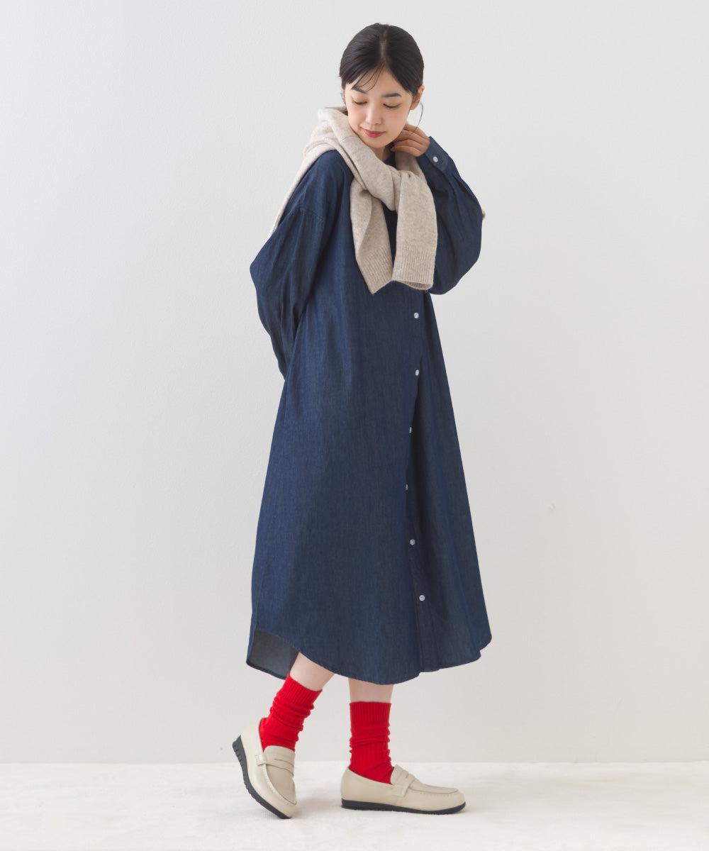 【OMNES】シャンブレーバンドカラー裾ラウンドロングシャツワンピース【253W427OMN035】