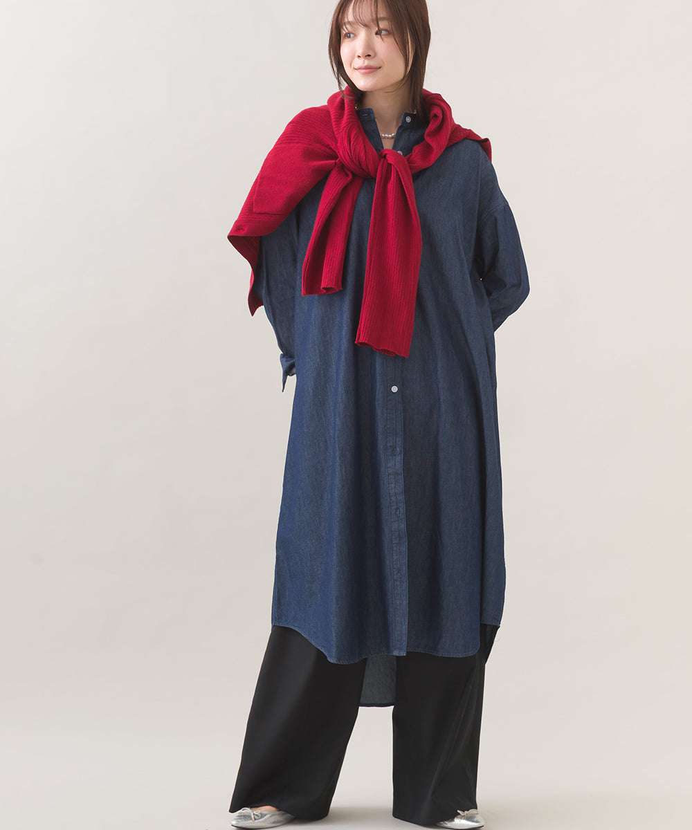 【OMNES】シャンブレーバンドカラー裾ラウンドロングシャツワンピース【253W427OMN035】