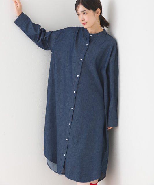 【OMNES】シャンブレーバンドカラー裾ラウンドロングシャツワンピース【253W427OMN035】
