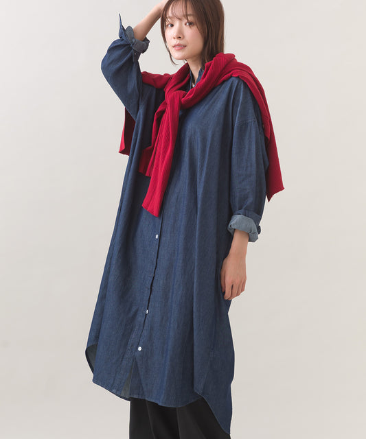 【OMNES】シャンブレーバンドカラー裾ラウンドロングシャツワンピース【253W427OMN035】