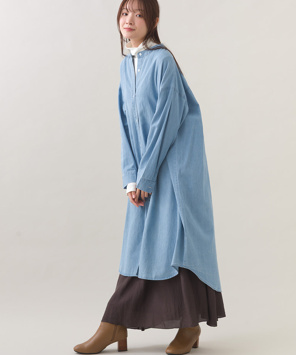 【OMNES】シャンブレーバンドカラー裾ラウンドロングシャツワンピース【253W427OMN035】