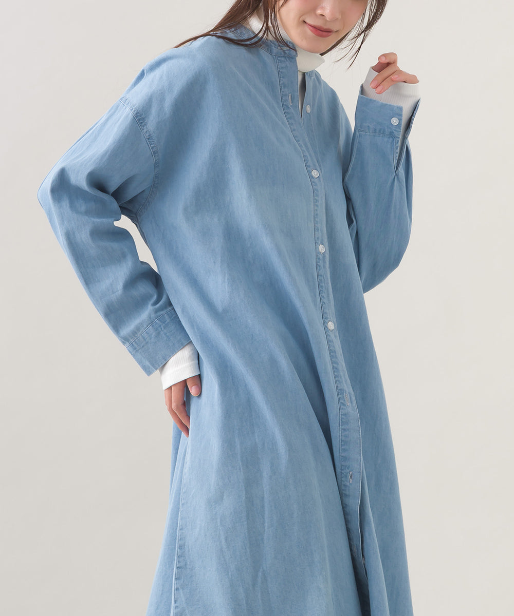【OMNES】シャンブレーバンドカラー裾ラウンドロングシャツワンピース【253W427OMN035】