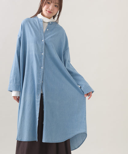 【OMNES】シャンブレーバンドカラー裾ラウンドロングシャツワンピース【253W427OMN035】