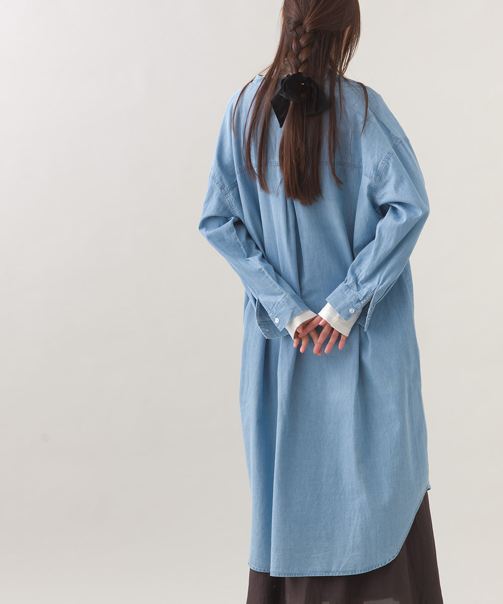 【OMNES】シャンブレーバンドカラー裾ラウンドロングシャツワンピース【253W427OMN035】